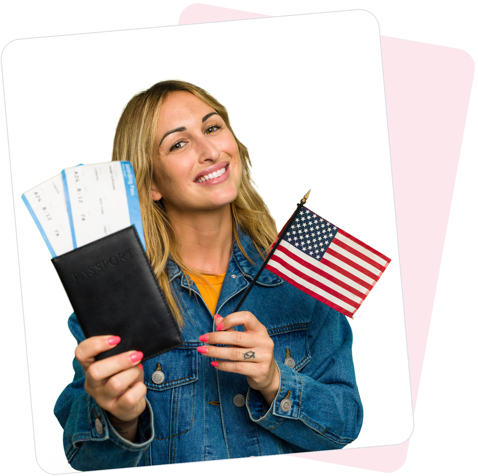 Smiling woman holding passport and US flag
